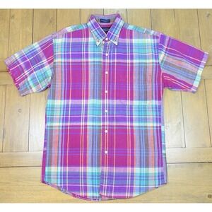 Lands End Madras Plaid Shirt Mens M  (15-15.5) US Made 90s Style Preppy Dadcore